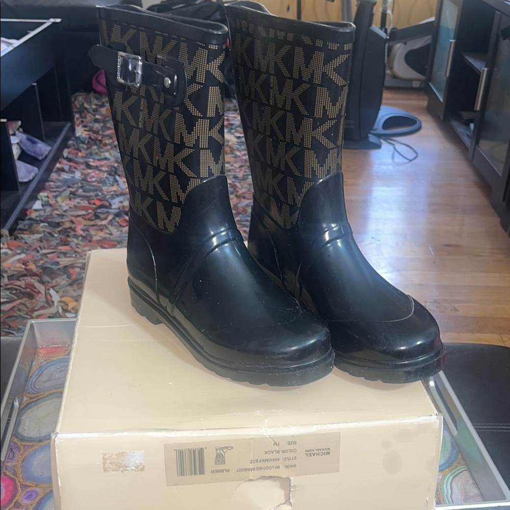 Michael Kors Black and Tan Logo Rain Boots